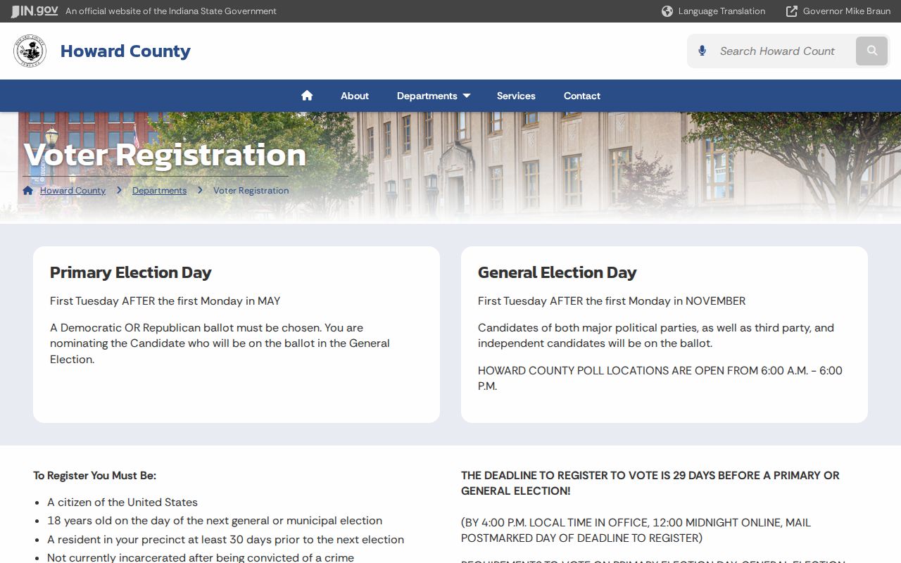 Howard County voter registration page for checking a Kokomo directory identity