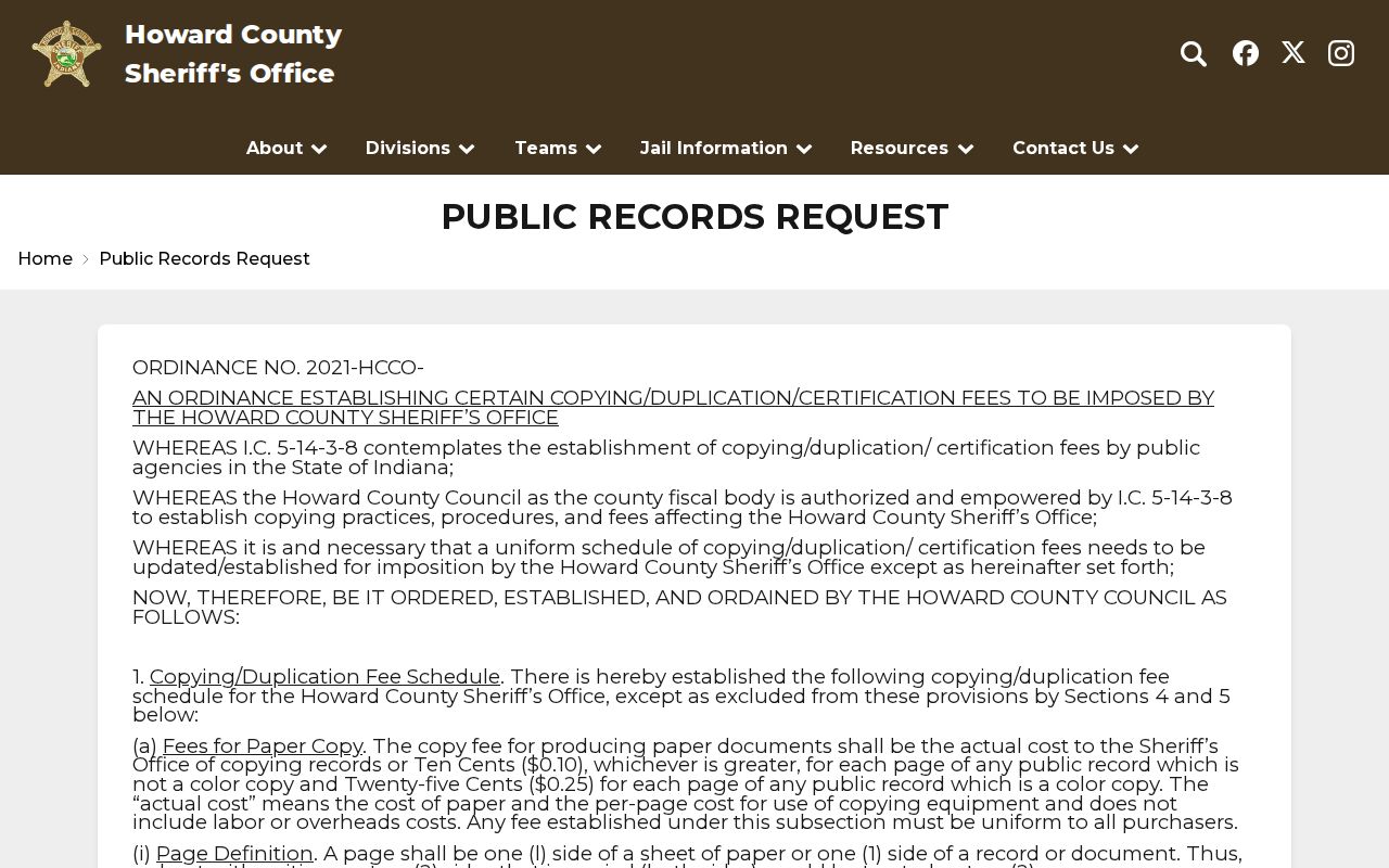 Howard County Sheriff public records request page for a Kokomo block incident