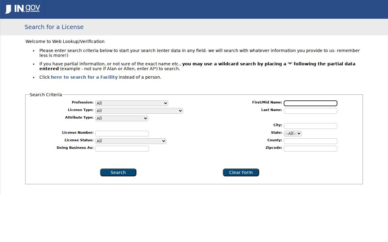 Indiana Professional Licensing Agency search used for a Kokomo name search